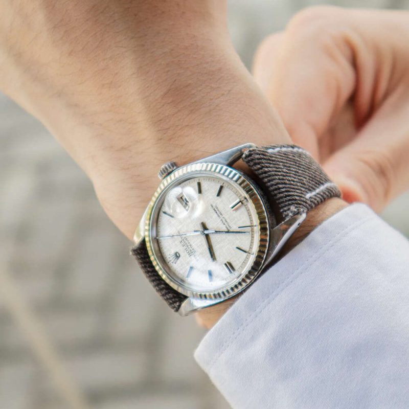 Dark Brown Denim Watch Strap on Rolex Datejust by Gunny Straps