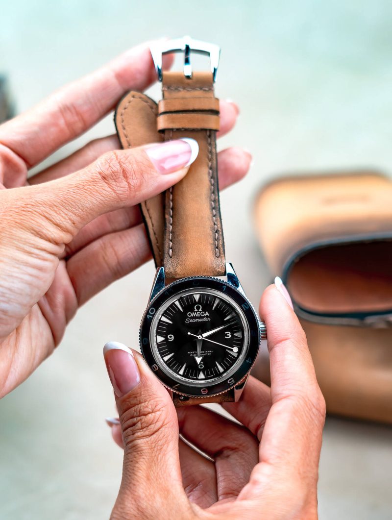 Little Caitlin 3 Leather Strap on Omega Seamaster by Gunny Straps