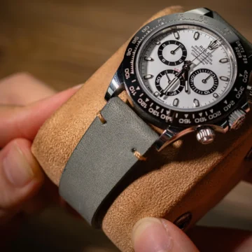 Minimalist-Grey-strap-on-Rolex-Daytona-Ceramic-panda-made-by-Gunny-Straps