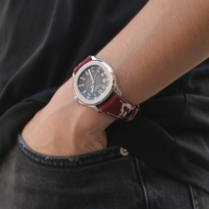 Red Calli Denim Strap on Patek Philippe Aquanaut by Gunny Straps