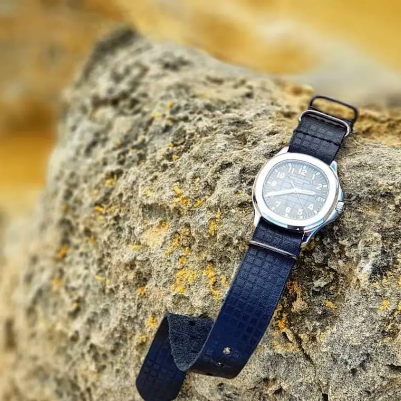 chessboard-blue-single-pass-leather-strap-on-patek-philippe-aquanaut-made-by-Gunny-Straps