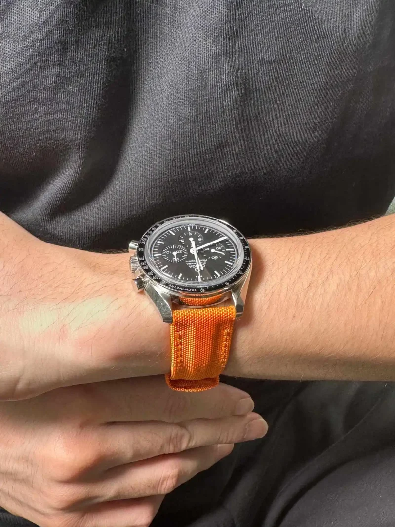 Kevlar Orange strap on Omega Speedmaster by Gunny Straps