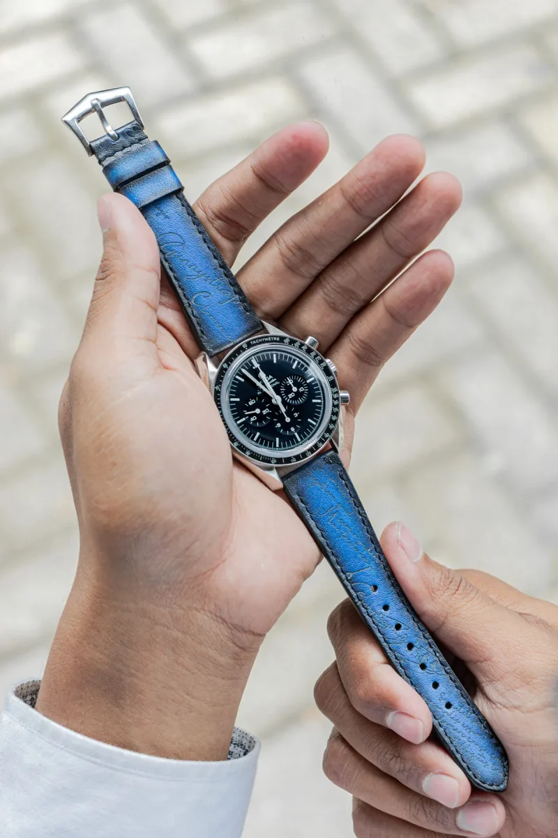 Blue Patina Scritto Strap for Omega Speedmaster by Gunny Straps