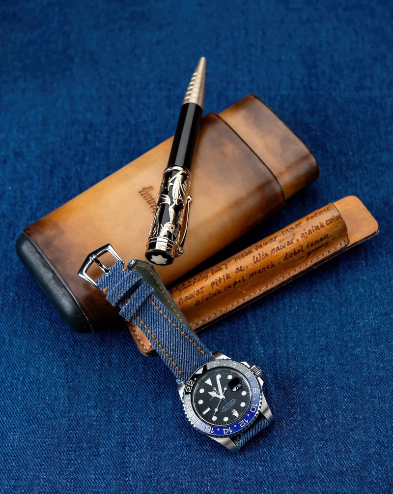 Indigo Blue Denim Strap on Rolex GMT II Batman by Gunny Straps