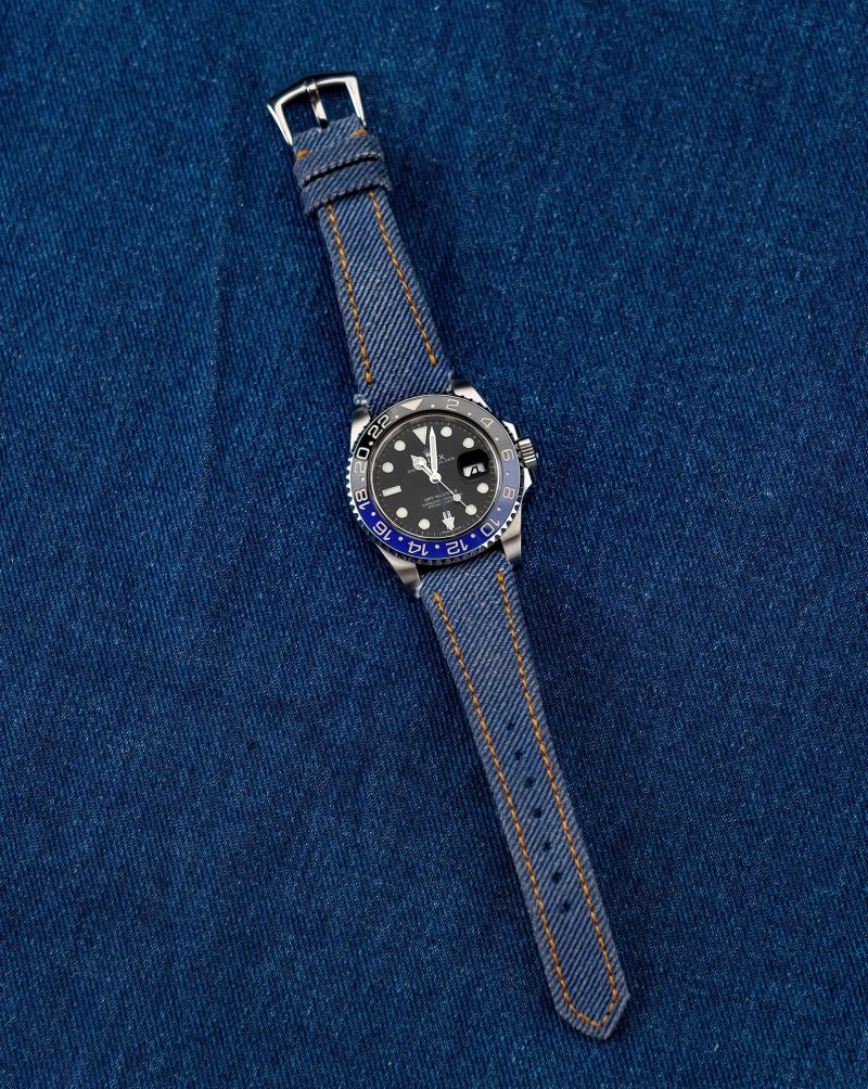 Indigo Blue Denim Strap on Rolex GMT II Batman by Gunny Straps