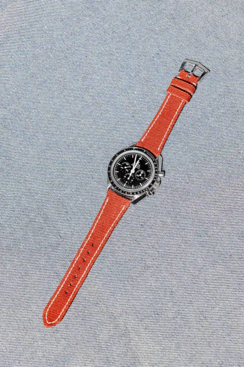 Orange Denim Strap on Omega Speedmaster by Gunny Straps