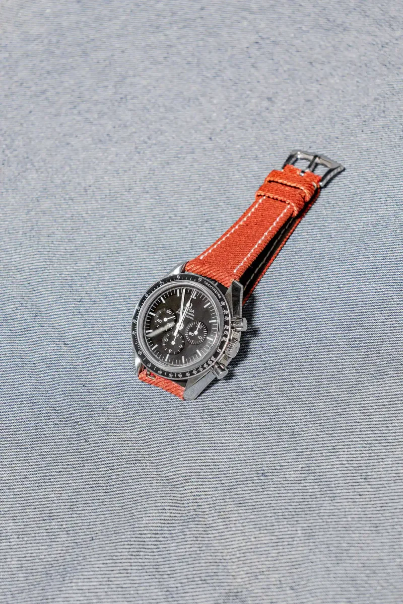 Orange Denim Strap on Omega Speedmaster by Gunny Straps