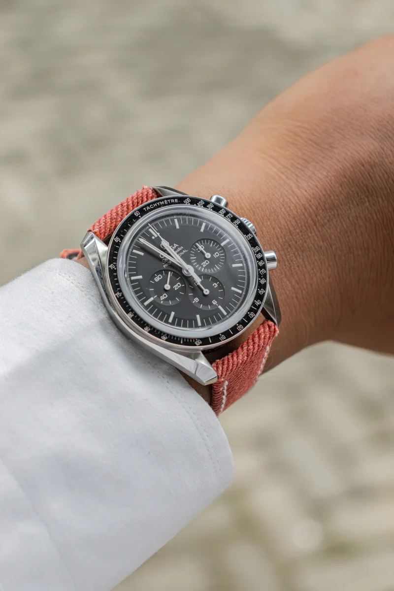 Orange Denim Strap on Omega Speedmaster by Gunny Straps