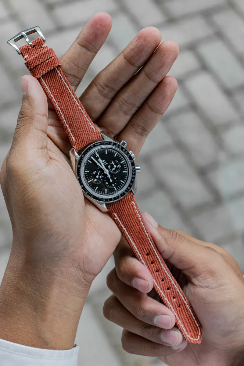 Orange Denim Strap on Omega Speedmaster by Gunny Straps