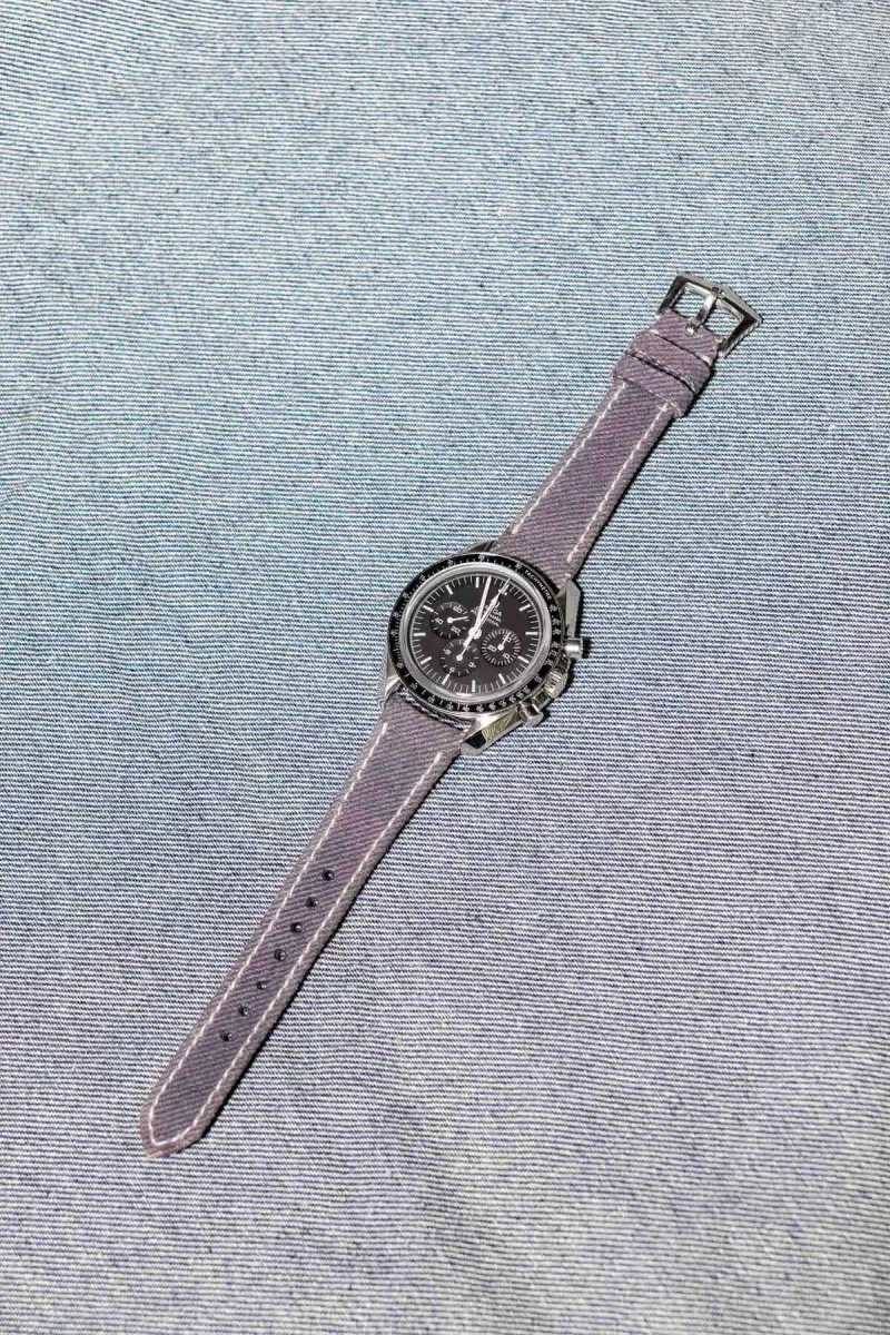 Purple Denim Strap on Omega Speedmaster by Gunny Straps