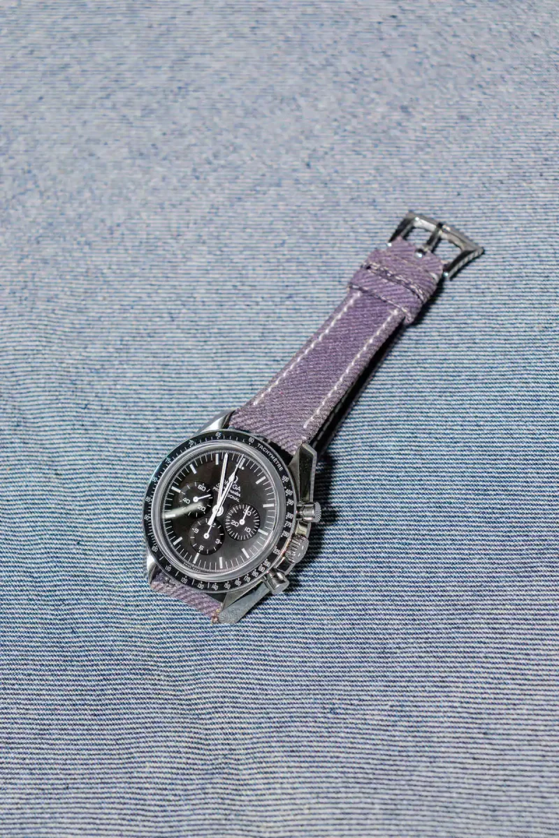 Purple Denim Strap on Omega Speedmaster by Gunny Straps