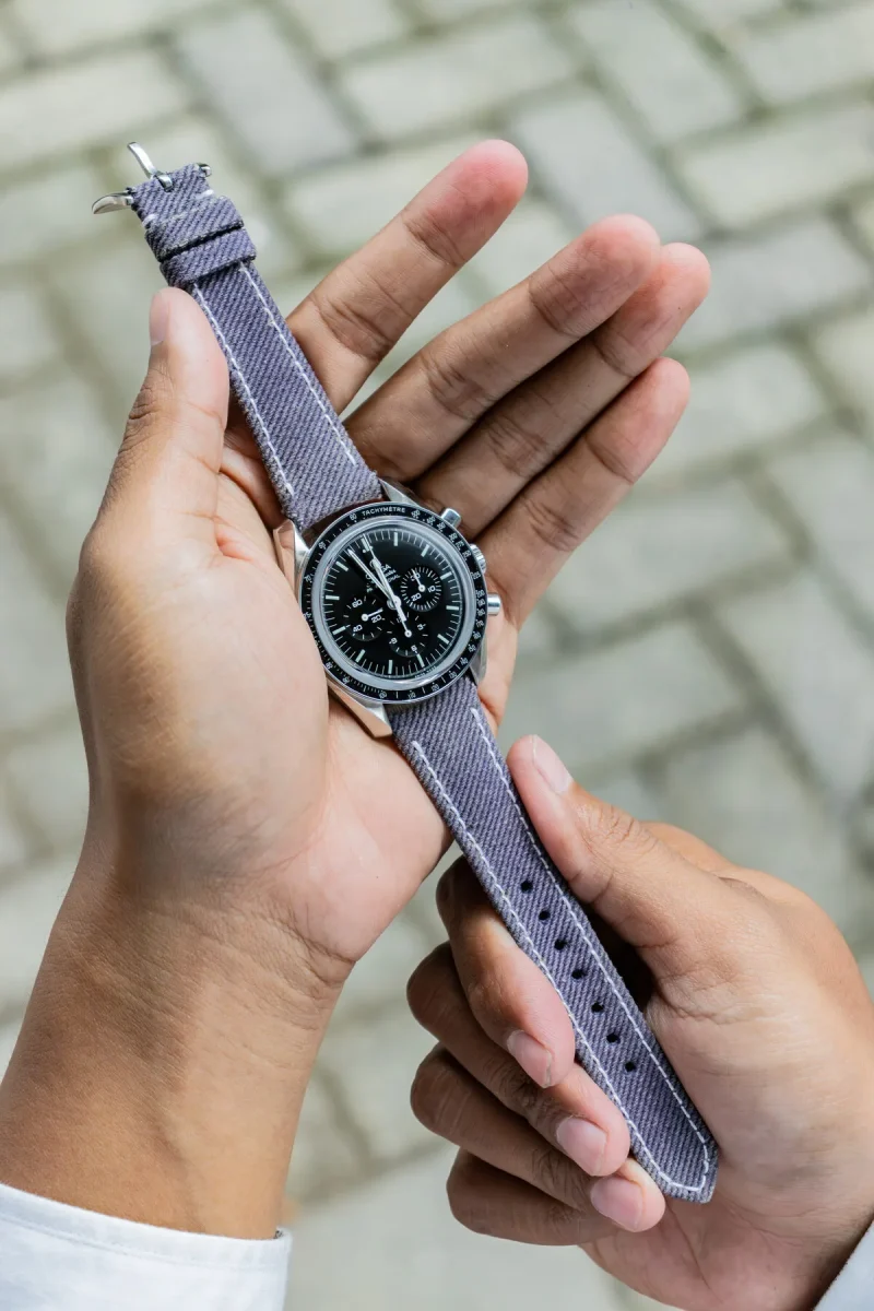 Purple Denim Strap on Omega Speedmaster by Gunny Straps