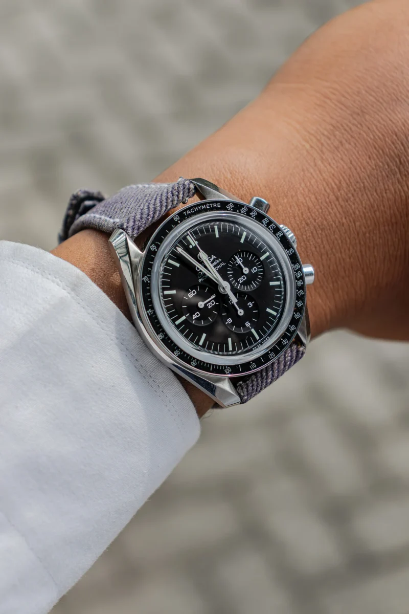 Purple Denim Strap on Omega Speedmaster by Gunny Straps