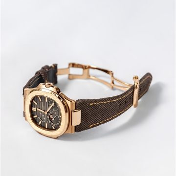 Dark Brown Denim Strap on Patek Philippe Nautilus Rose Gold by Gunny Straps
