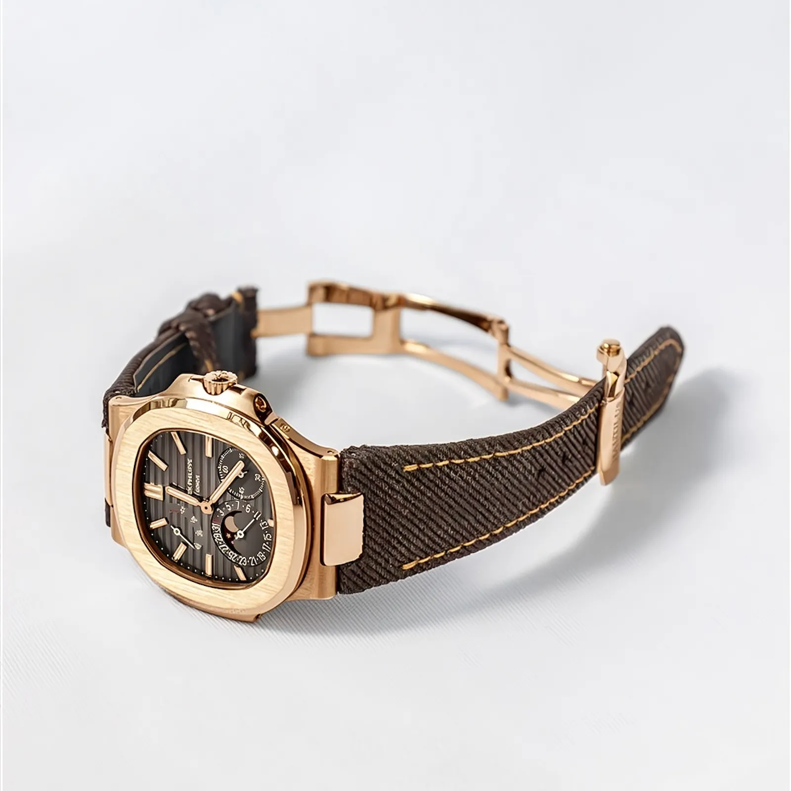 dark-brown-denim-strap-on-patek-philippe-aquanaut-rose-gold-made-by-Gunny-Straps