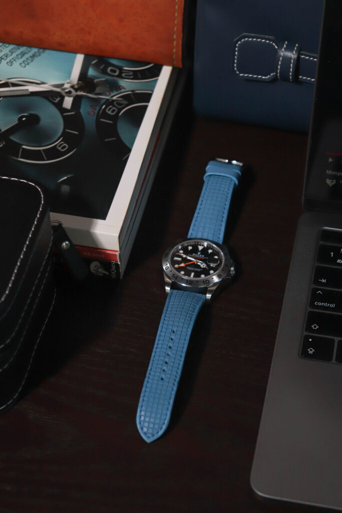Chessboard Baby Blue Strap on Rolex Explorer II - Gunny Straps