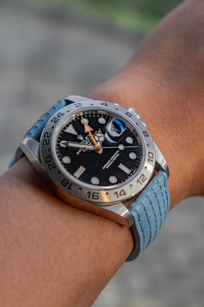 Chessboard Baby Blue Strap on Rolex Explorer II - Gunny Straps