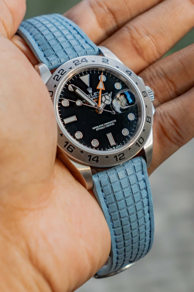 Chessboard Baby Blue Strap on Rolex Explorer II - Gunny Straps