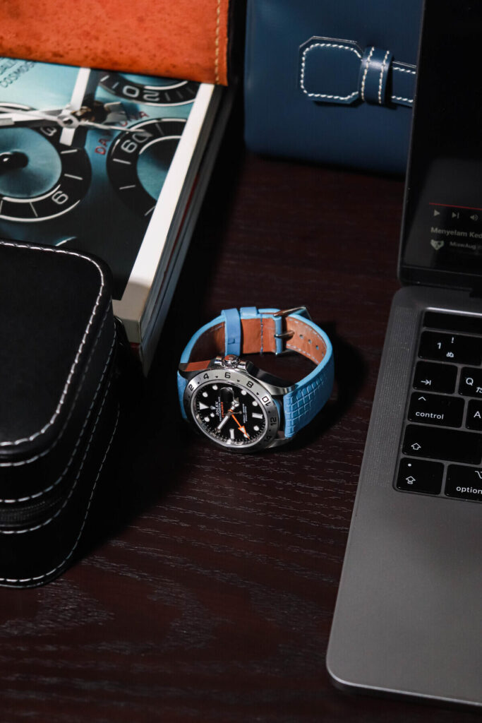 Chessboard Baby Blue Strap on Rolex Explorer II - Gunny Straps