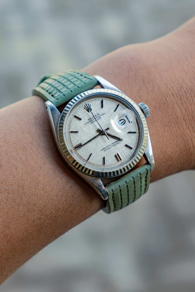 Chessboard Fern Green Strap on Rolex Date Just - Gunny Straps