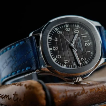 Blue Patina Scritto Strap on Patek Aquanaut - made by Gunny Straps
