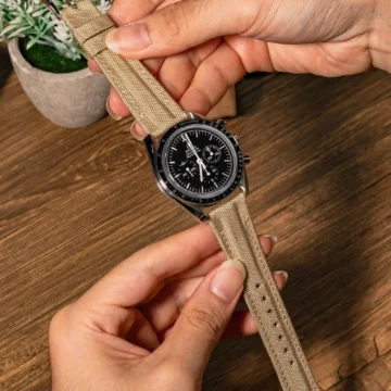 Sand Kevlar Strap on Omega Speedmaster watch made by Gunny Straps