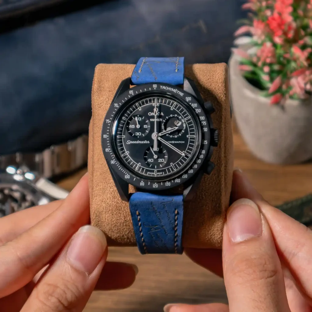 Nubuck Blue Strap on Omega Moonswatch made by Gunny Straps