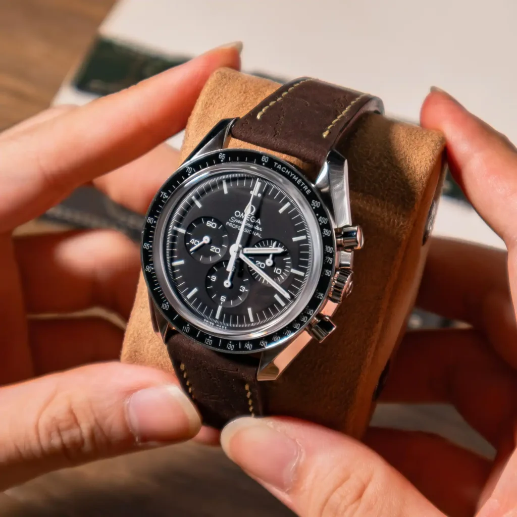 Nubuck Dark Brown Strap on Omega Speedmaster made by Gunny Straps