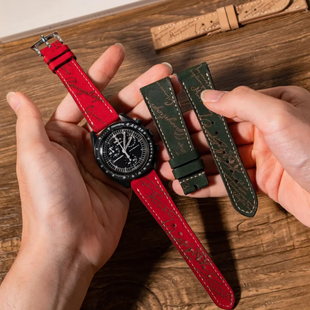 Nubuck Red Strap on Omega Moonswatch made by Gunny Straps