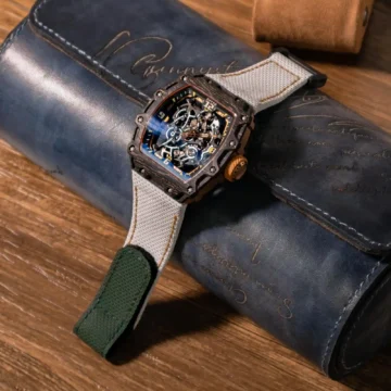 Kevlar White Strap with Green Flap on Ofteq FQ 8 watch made by Gunny Straps