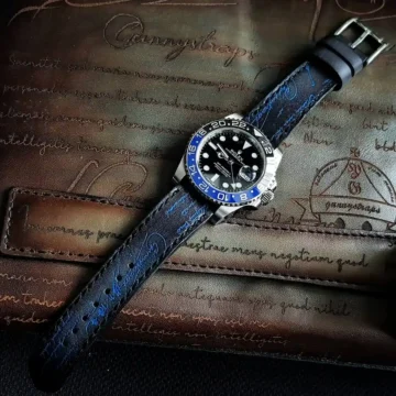 Black Patina with Blue Scritto Strap on Rolex GMT Master II Batman made by Gunny Straps