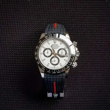 Extreme Chessboard Black Strap with Red Stripe on Rolex Daytona Ceramic Panda made by Gunny Straps