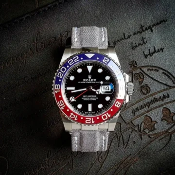Grey-Canvas-Hook-and-Loop-Strap-with-Extreme-Padding-on-Rolex-GMT-Master-II-Pepsi-made-by-Gunny-Straps