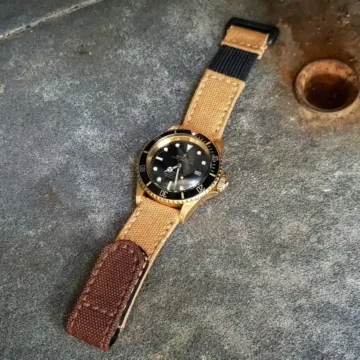 Tan-Canvas-hook-and-loop-Strap-on-Rolex-Submariner-made-by-Gunny-Straps