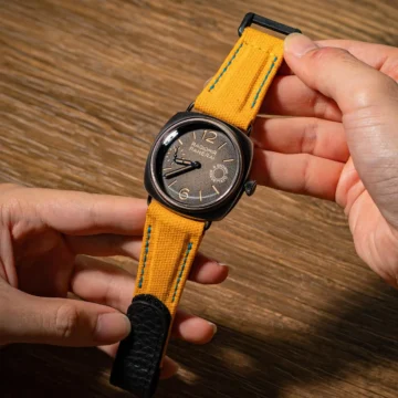 Canvas-yellow-hook-and-loop-strap-with-extreme-padding-on-Panerai-Radiomir-Otto-Giorni-made-by-Gunny-Straps