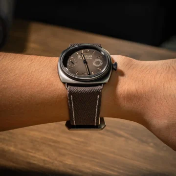 Dark-brown-denim-strap-on-Panerai-Radiomir-otto-giorni-made-by-Gunny-Straps