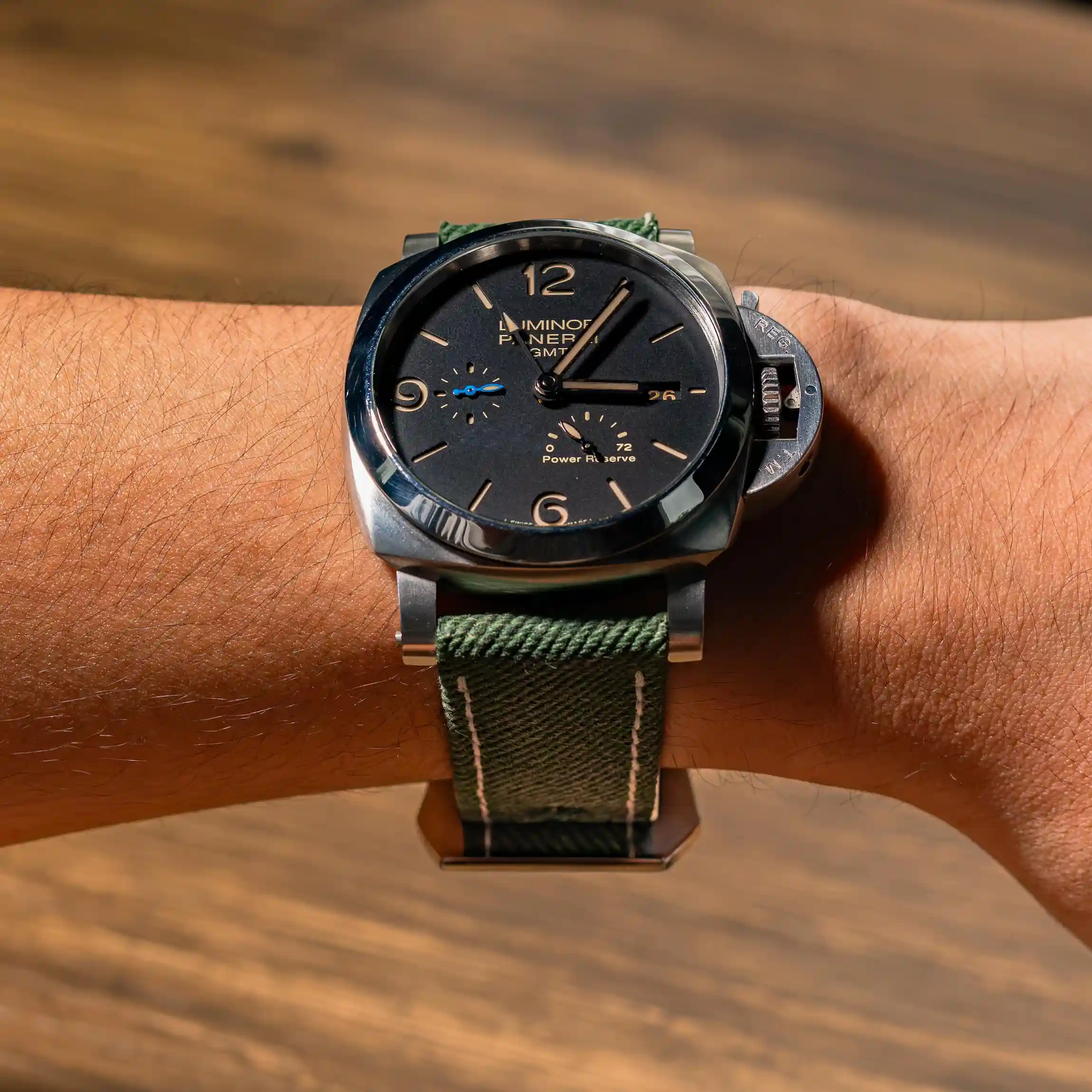 Green-denim-watch-strap-on-Panerai-Luminor-PAM1321-made-by-Gunny-Straps