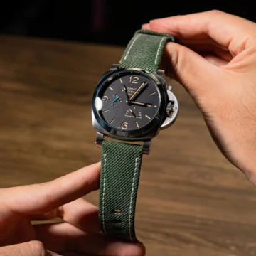 Green-denim-watch-strap-on-Panerai-Luminor-PAM1321-made-by-Gunny-Straps