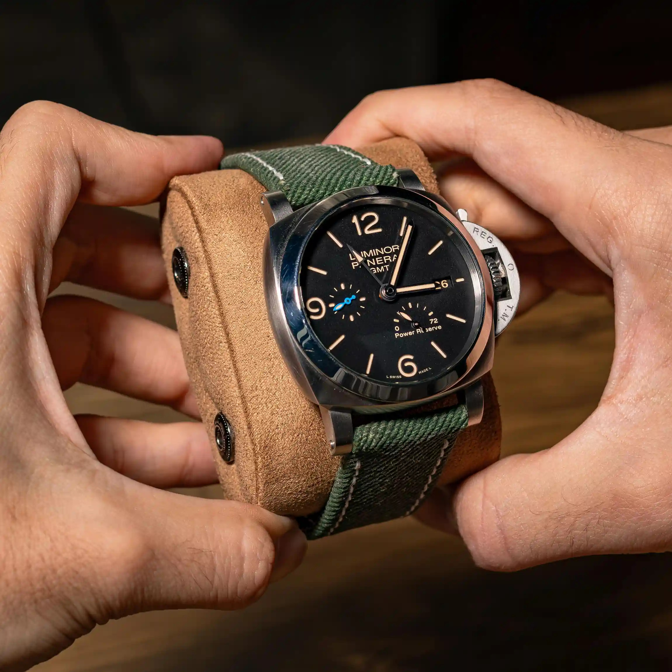 Green-denim-watch-strap-on-Panerai-Luminor-PAM1321-made-by-Gunny-Straps