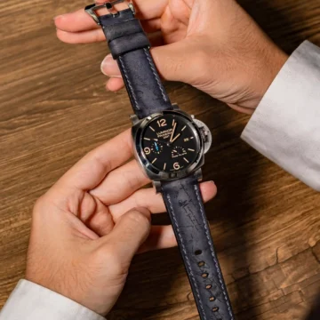 Grey-patina-scritto-strap-on-Panerai-Luminor-PAM1321-made-by-Gunny-Straps