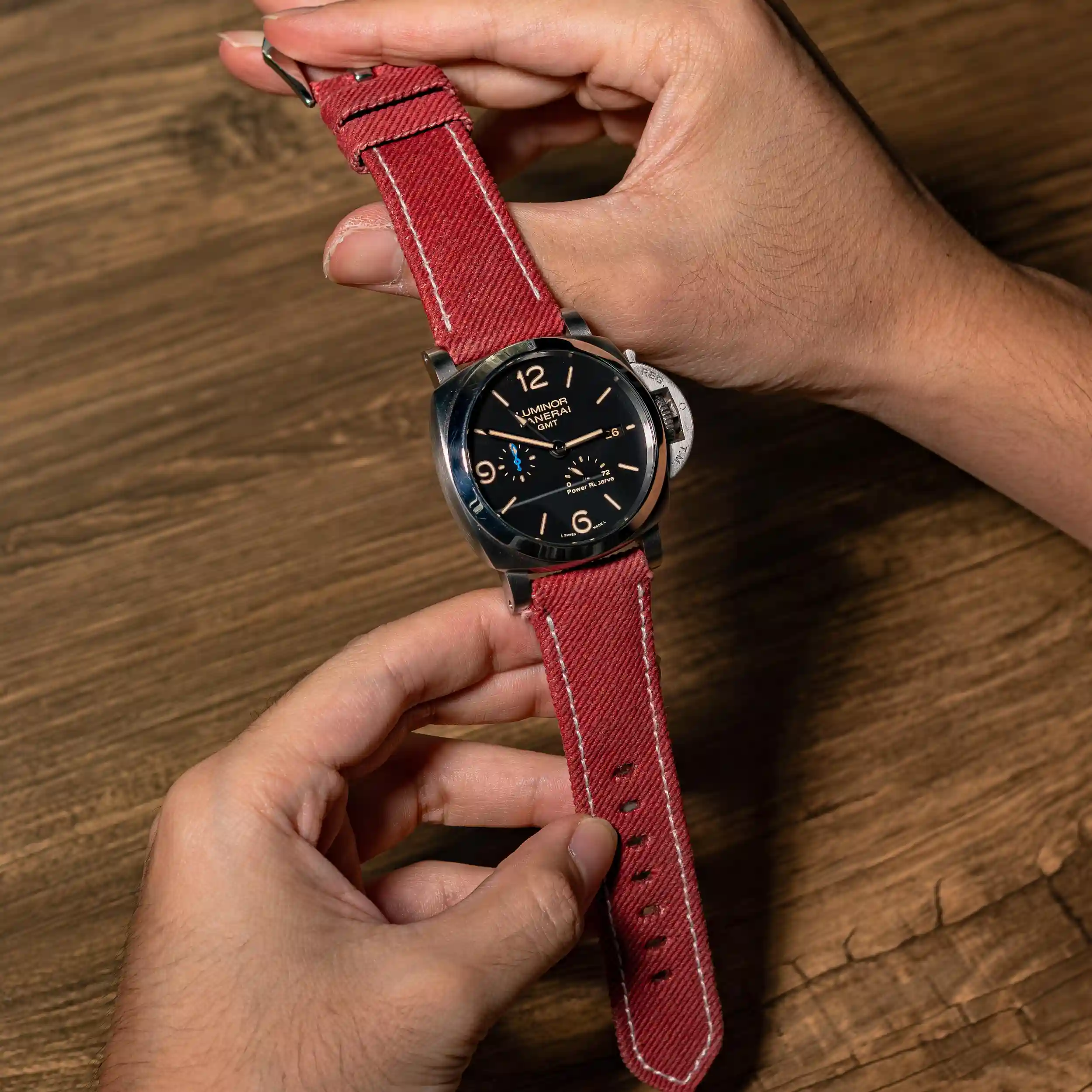 Red-denim-strap-on-Panerai-Luminor-PAM1321-made-by-Gunny-Straps