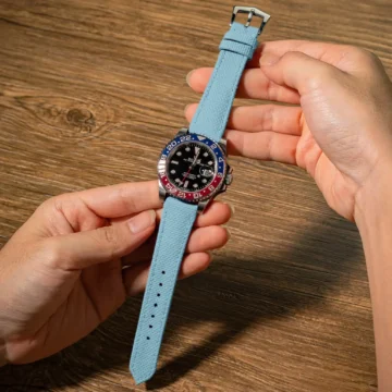 Baby-Blue-Sailcloth-Strap-on-Rolex-GMT-Master-II-Pepsi-made-by-Gunny-Straps