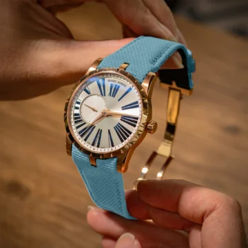 Baby-Blue-Sailcloth-Watch-Strap-on-Roger-Dubuis-Excalibur-42mm-made-by-Gunny-Straps