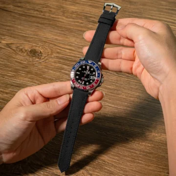 Black-Sailcloth-Strap-on-Rolex-GMT-Master-II-Pepsi-made-by-Gunny-Straps