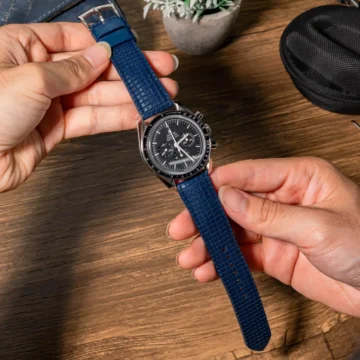 Blue-chessboard-strap-on-Omega-Speedmaster-made-by-Gunny-Straps