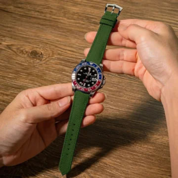 Green-Sailcloth-Strap-on-Rolex-GMT-Master-II-Pepsi-made-by-Gunny-Straps