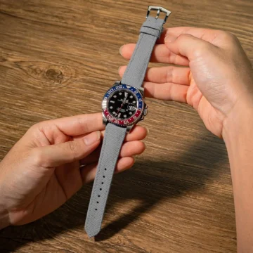 Grey-Sailcloth-Strap-on-Rolex-GMT-Master-II-Pepsi-made-by-Gunny-Straps