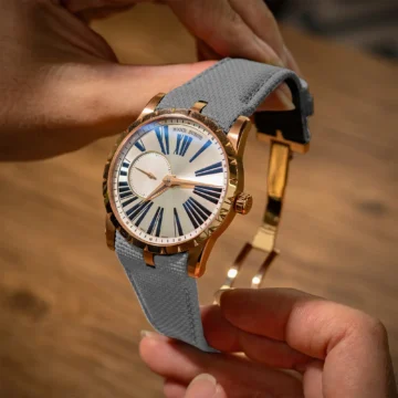 Grey-sailcloth-watch-strap-on-Roger-Dubuis-Excallibur-42mm-made-by-Gunny-Straps