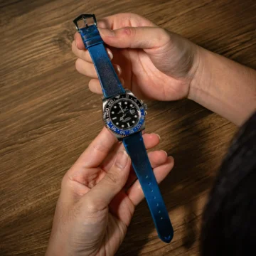 Gurney-5-leather-watch-strap-on-Rolex-GMT-Master-II-Batman-made-by-Gunny-Straps
