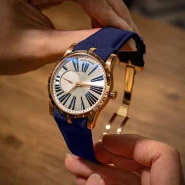 Navy-Blue-Sailcloth-Watch-Strap-on-Roger-Dubuis-Excalibur-42mm-made-by-Gunny-Straps